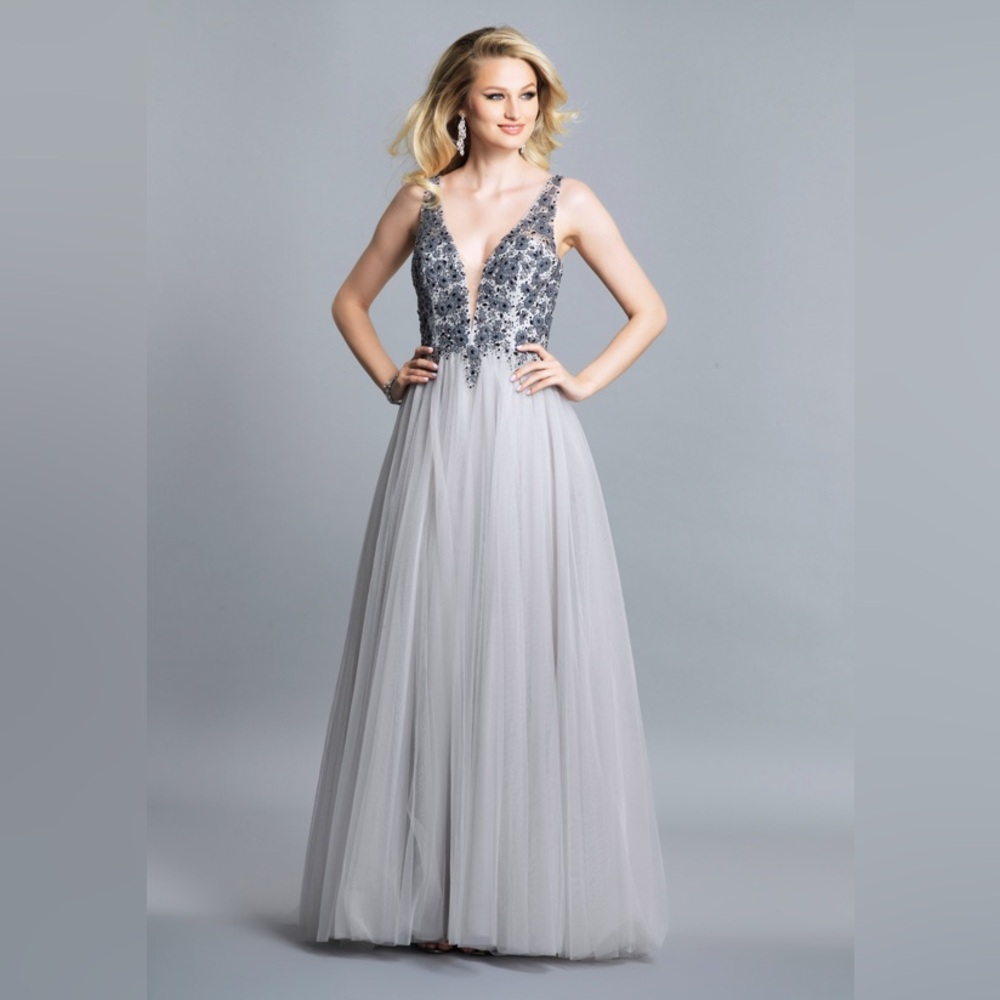 Gray and silver ball gown